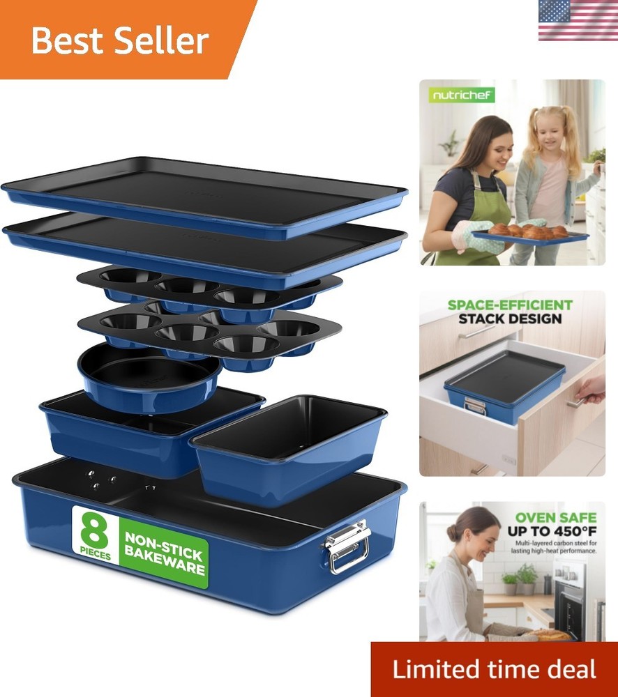 8-Piece Nonstick Stackable Bakeware Set - PFOA, PFOS, PTFE Free Baking Tray S...