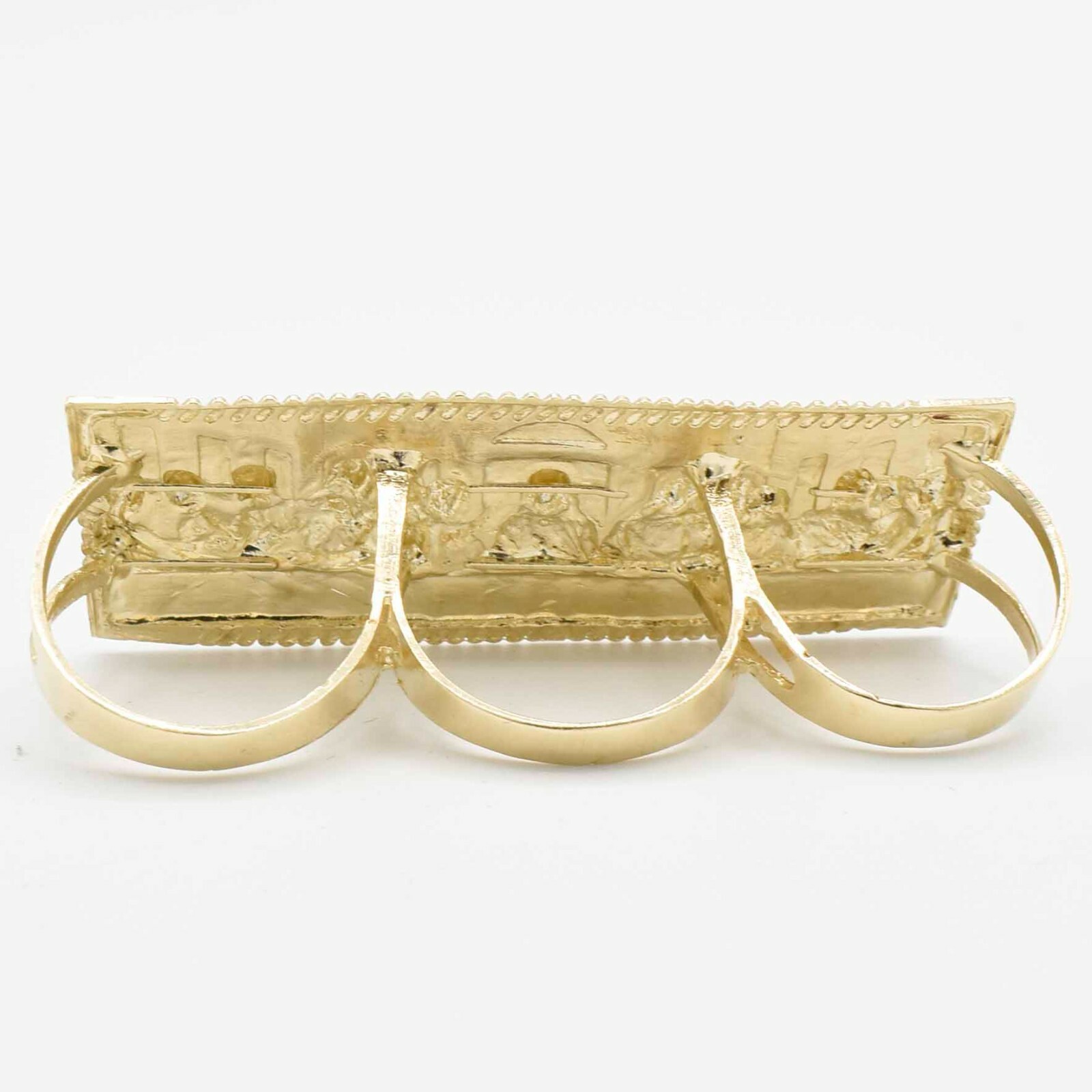 Diamond Cut Last Supper Three Finger Ring Real Solid 10K Yellow White Gold