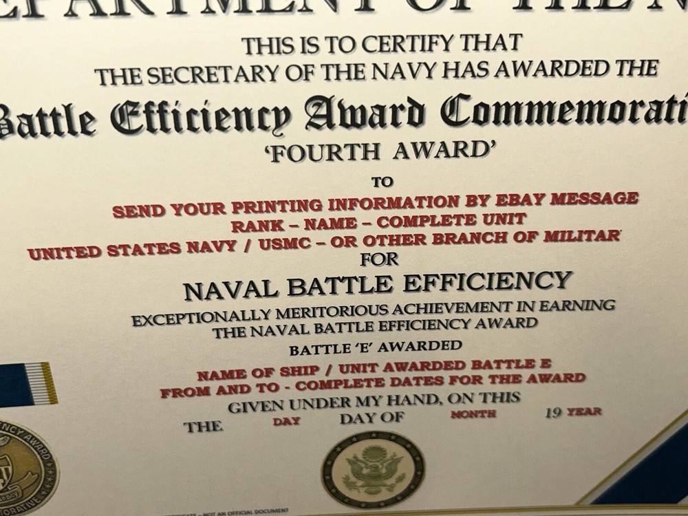 NAVY BATTLE E CITATION~4TH AWARD COMMEMORATIVE CERTIFICATE ~ TYPE-2 / W/PRINTING