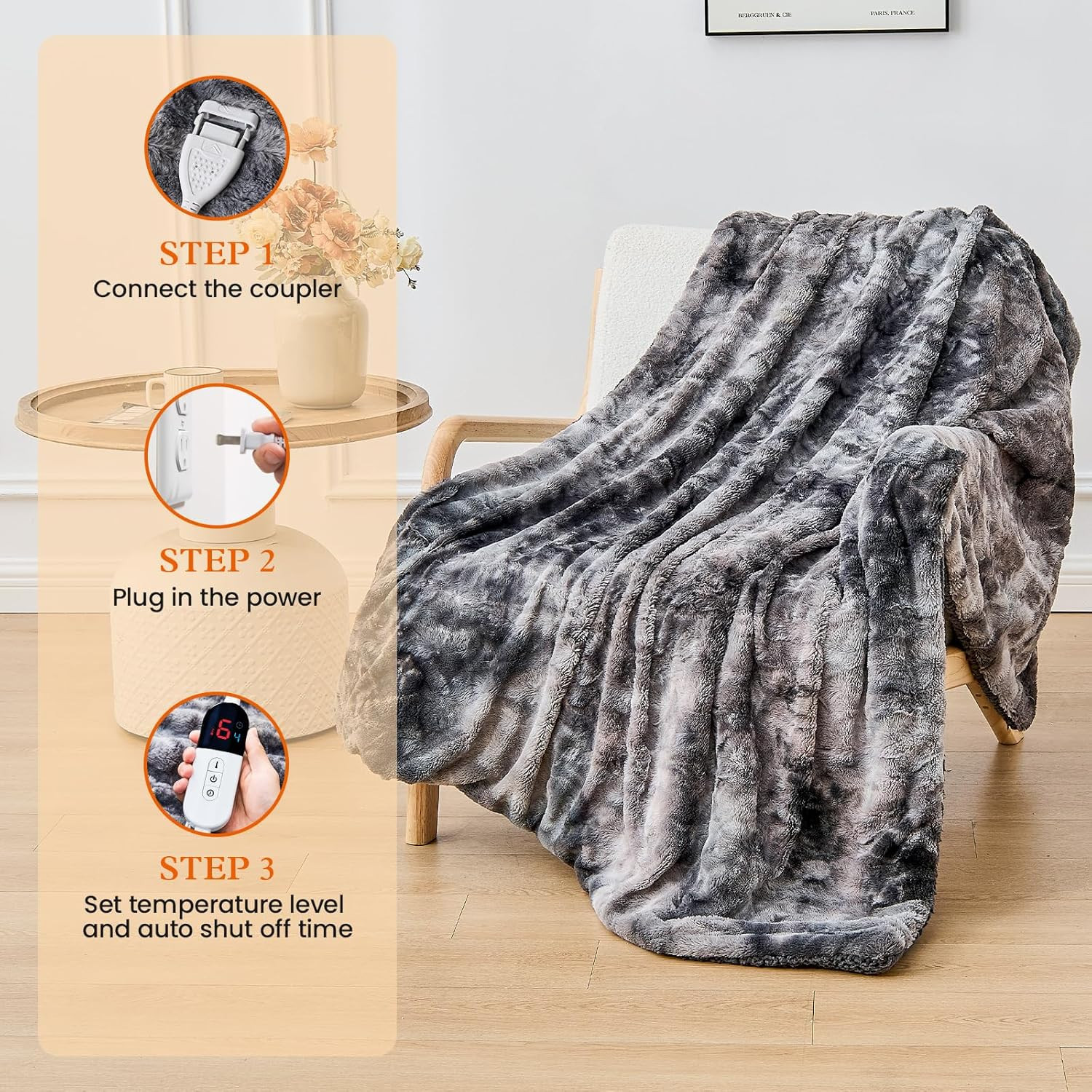 Electric Heated Throw Blanket - Faux Fur Sherpa 50"x60" Fast Heating Bed Blanket