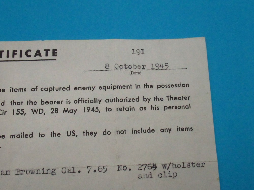 US Army GI bring back capture document papers for Browning FN 1922 binoculars