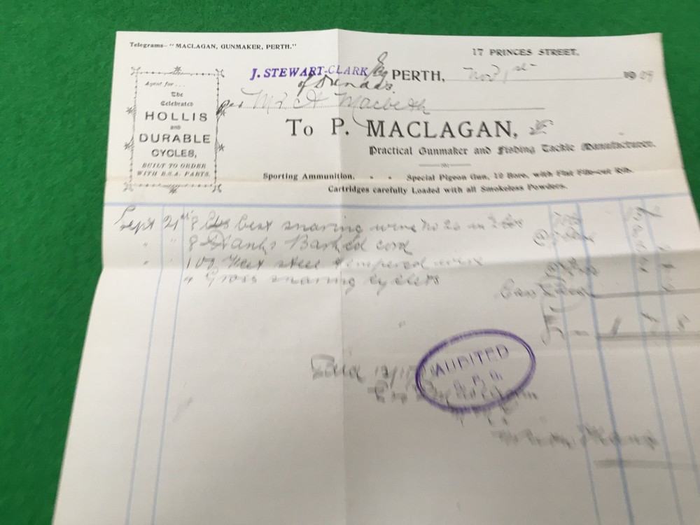 MACLAGAN  GUNMAKER PERTH   1909    --  ACCOUNT 16/20  CM