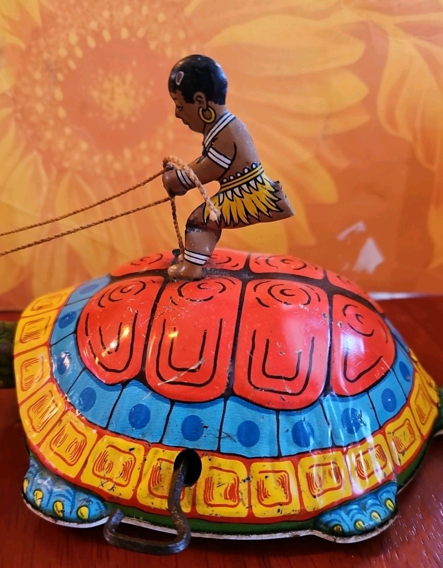 Vintage Antique Tin Toy Wind Up Chein Person Rides Giant Turtle Tortoise Display