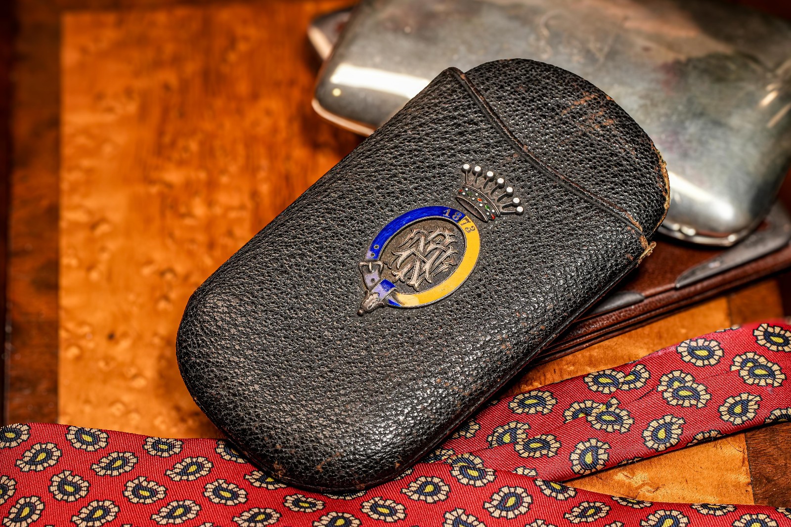 Austrian Antique Victorian Leather Cigar Case Silver Enamel Armorial Tobacciana