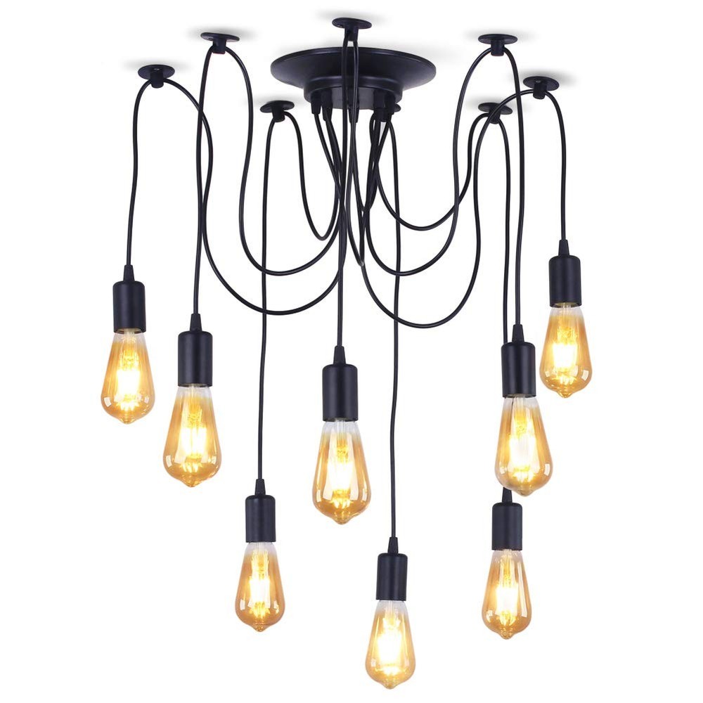 8-Light Spider Pendant Chandelier, Adjustable 48.4" Cords, E26 Sockets, Black...