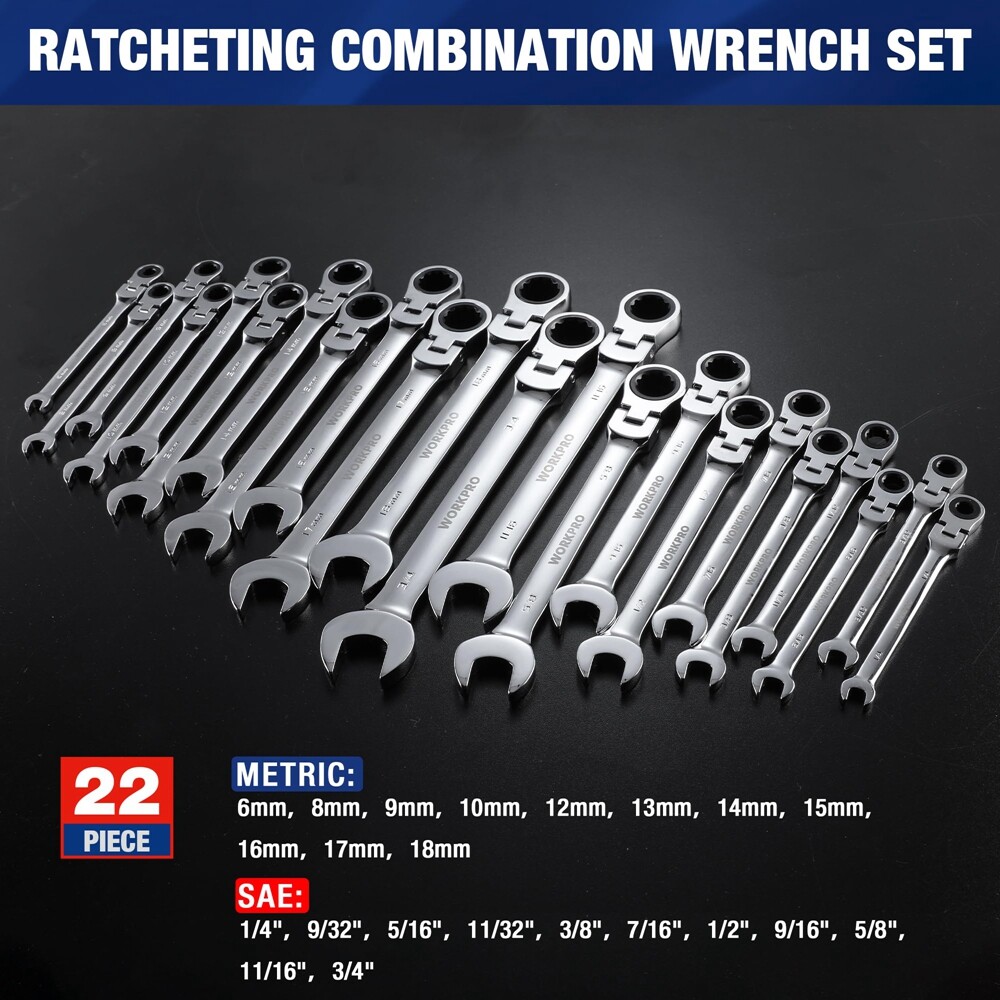 WORKPRO 22PC Ratcheting Wrench Set 72-Teeth Flex-Head Ratchet Combination Wrench