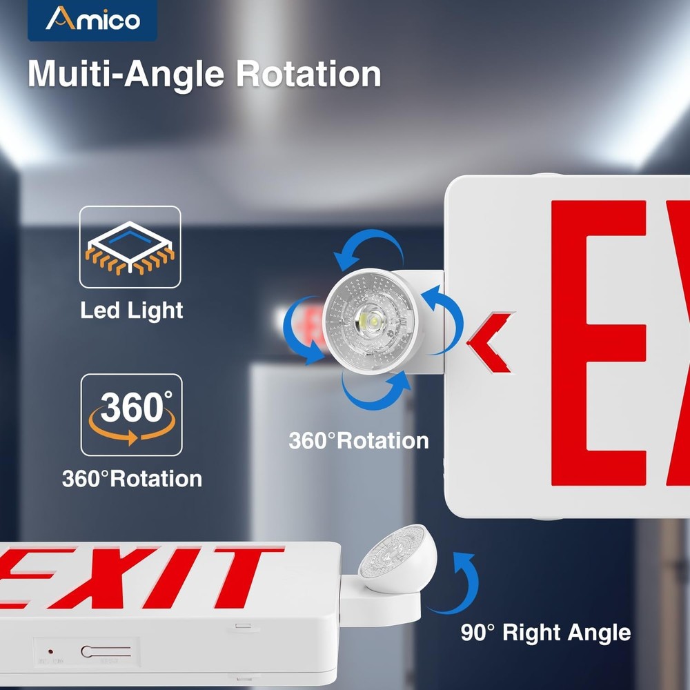 Amico Red LED Exit Sign With Emergency Exit Lights - Double Sided - New In Box