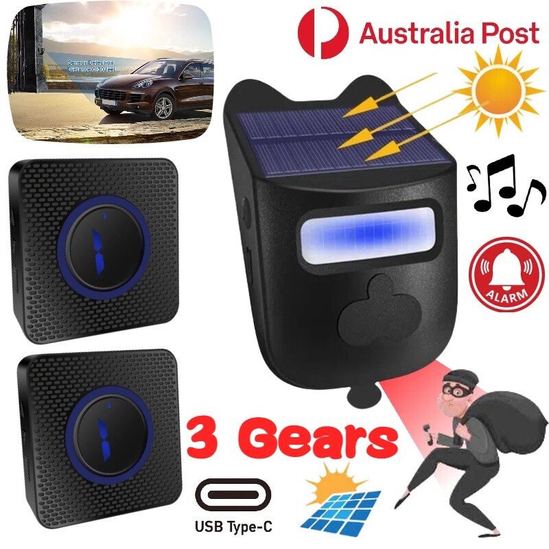 Solar Wireless Driveway Alarm Up PIR Motion Sensor 2 Receivers Security System