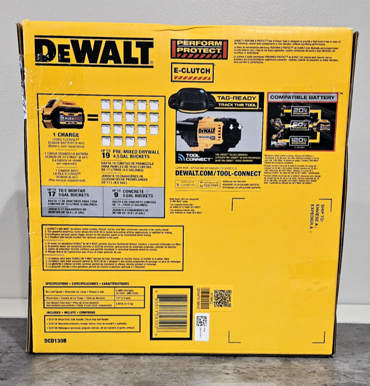 NEW! DeWalt 60V Max FlexVolt Mixer / Drill w/ E-Clutch System DCD130B