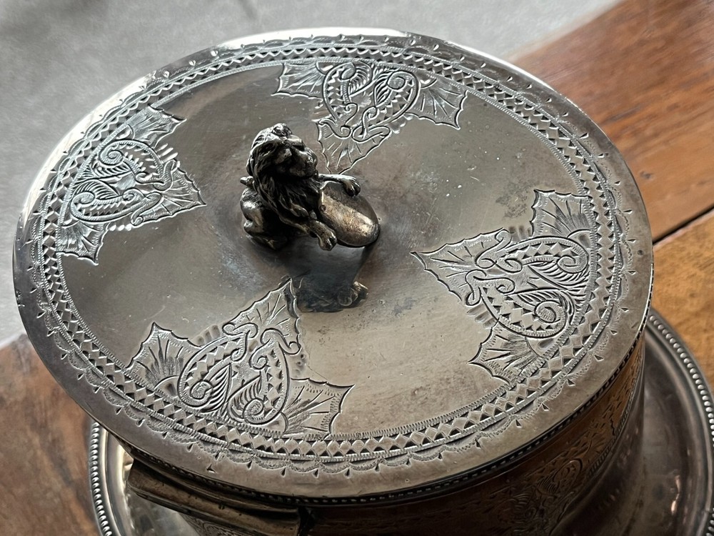 antique tea caddy silver plate .lion with shield on the lid