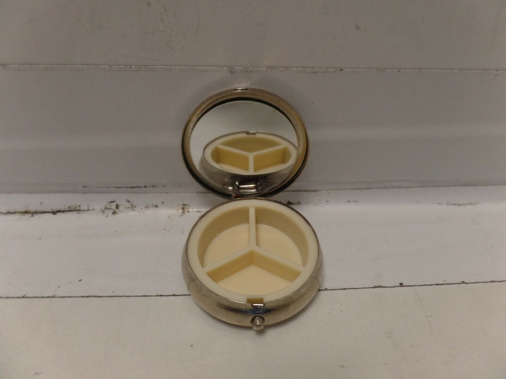 Silver Embossed Finish Pill Box, Round Shape W/ Mirror inside