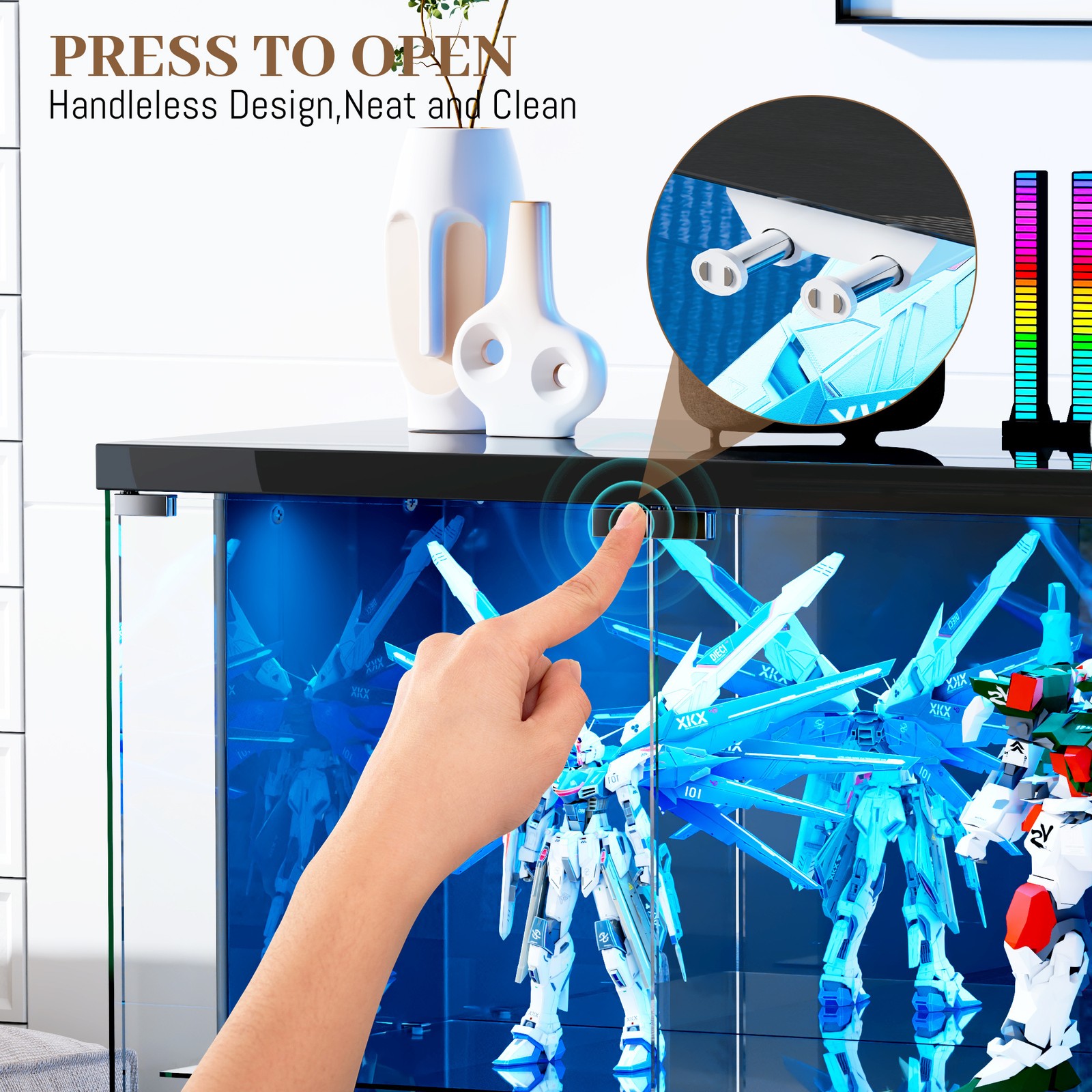 Black Glass Display Case with LED Light for Collectibles, Lockable Curio Cabinet