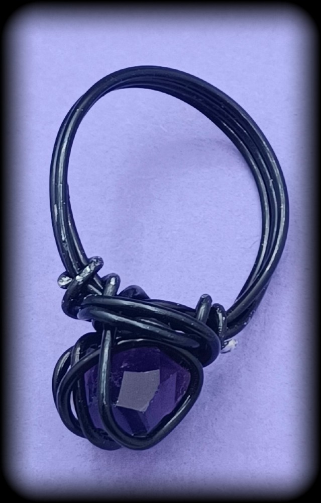 Handcrafted Wire Wrapped Raw Amethyst Ring, Size 8, Black Colored Wire