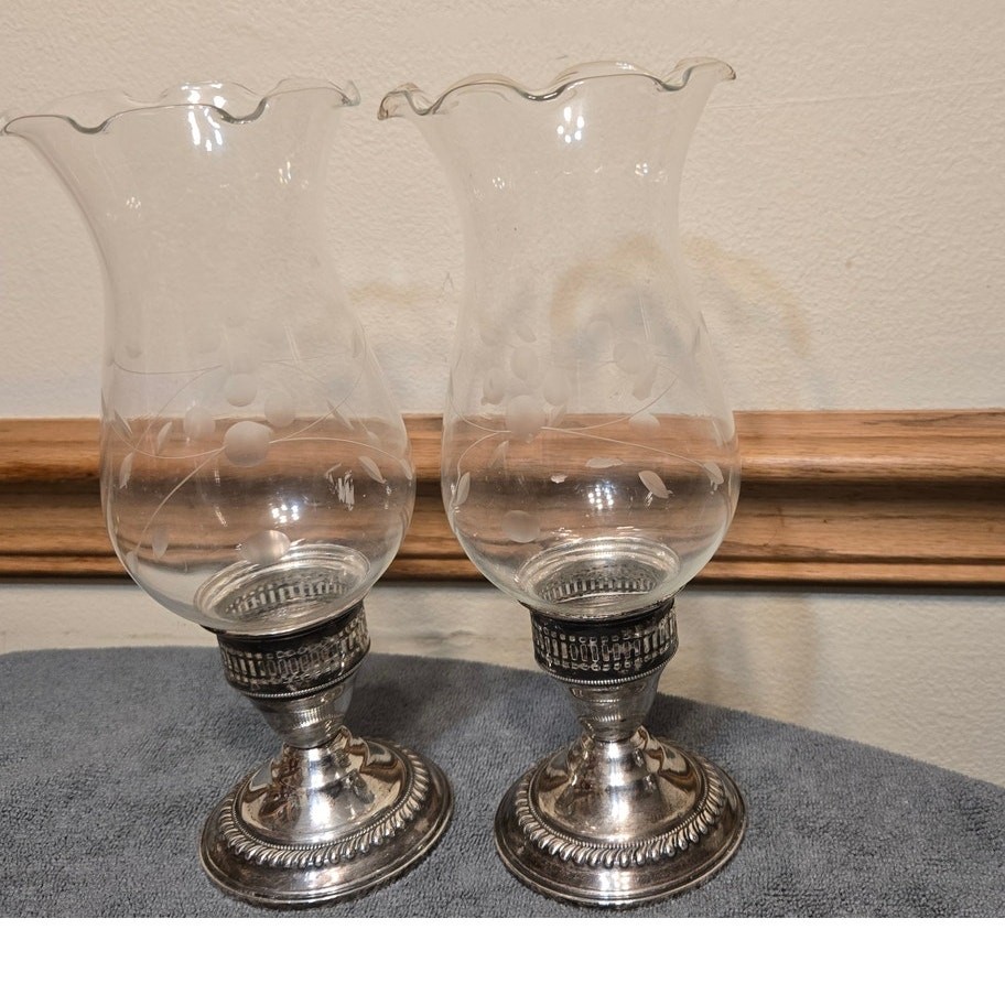 Pr Sterling Silver Hurricane Candleholders w Etched Crimped Shades