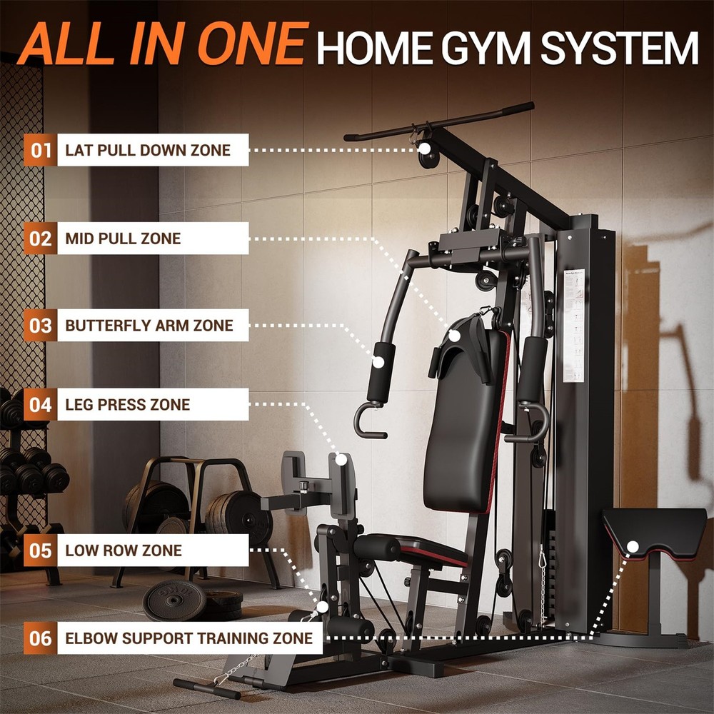 📶150LBS Weight Stack Home Gym Machine Full Body Workout Machine LAT Pull Down