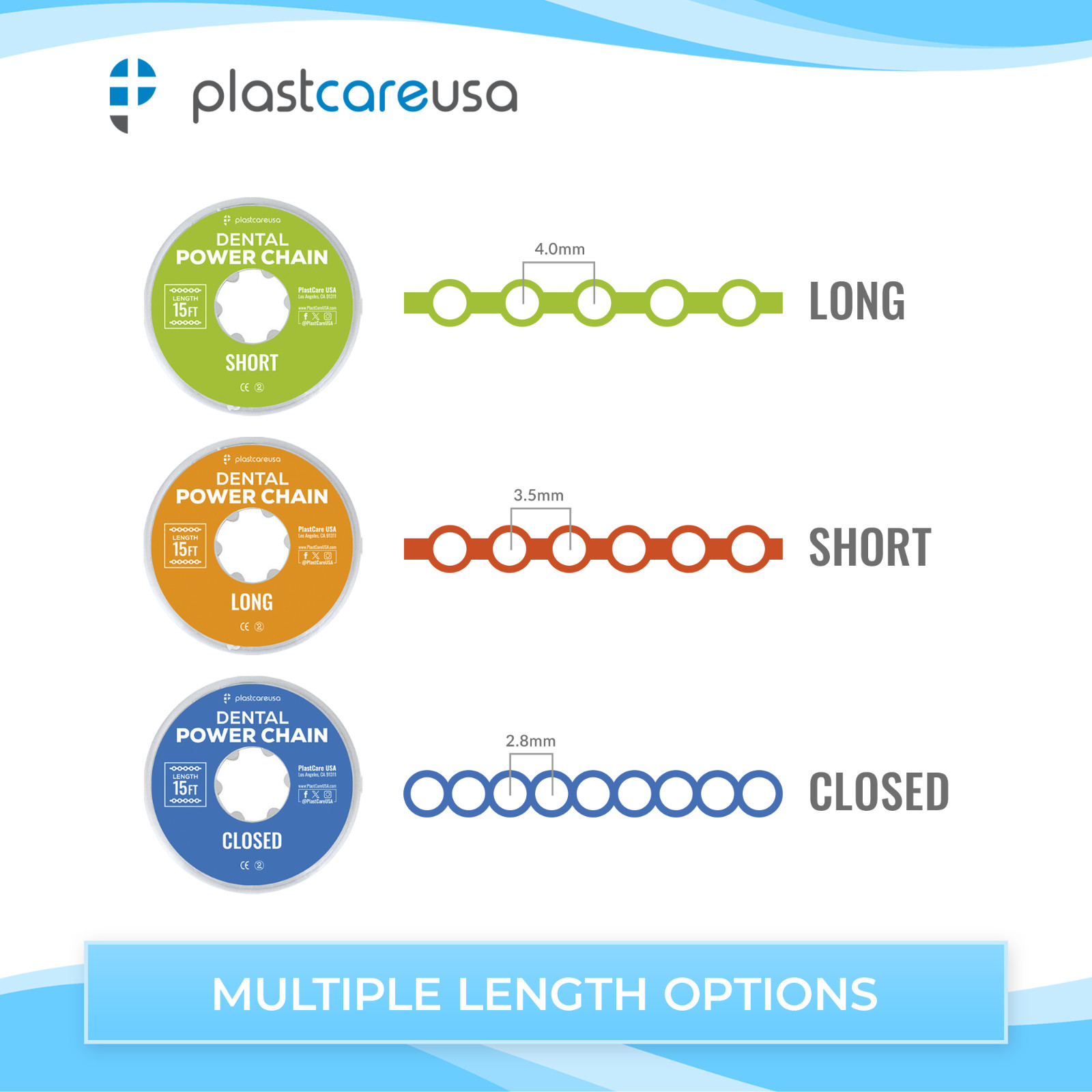 Dental Orthodontic Power Chains Braces - 15 ft Long Short Closed Multiple Colors