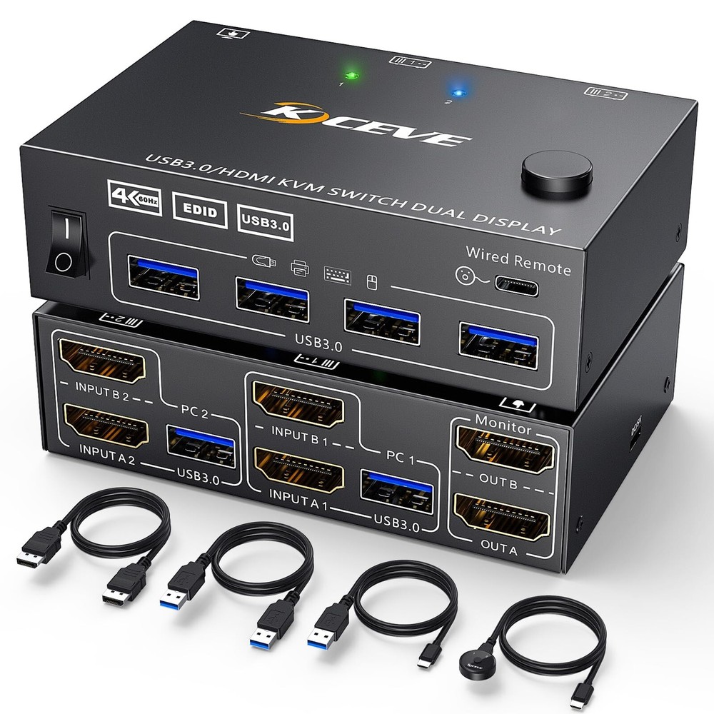 KVM Switch 2 Computer 2 Monitors HDMI USB 3.0 4K@60Hz HD Res w/ EDID Function