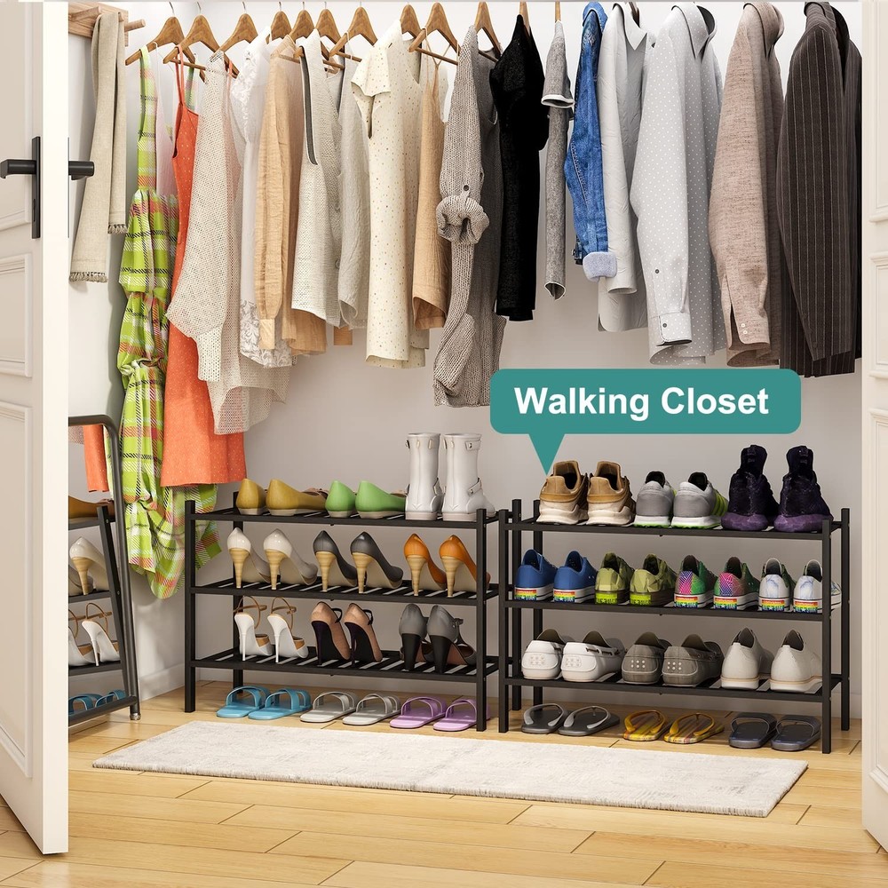 3-Tier Black Bamboo Shoe Rack for Entryway, Stackable | Foldable | Natural, S...