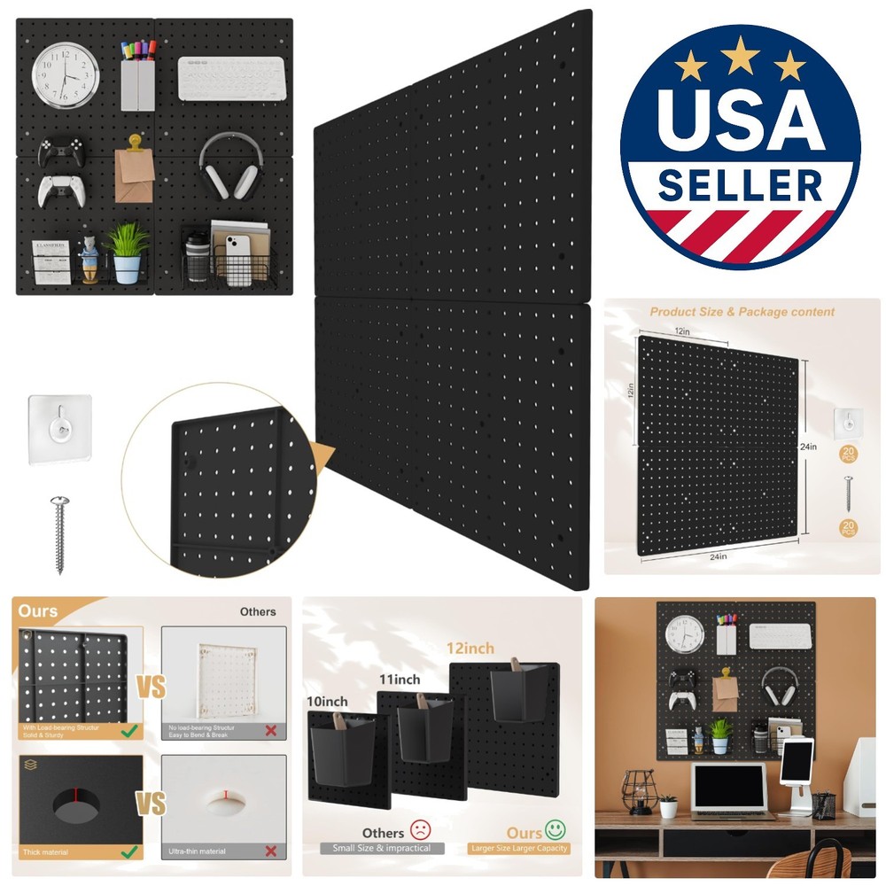 Durable 4-Pack Black Plastic Pegboards - 12x12 Inch, Maximize Your Storage Space