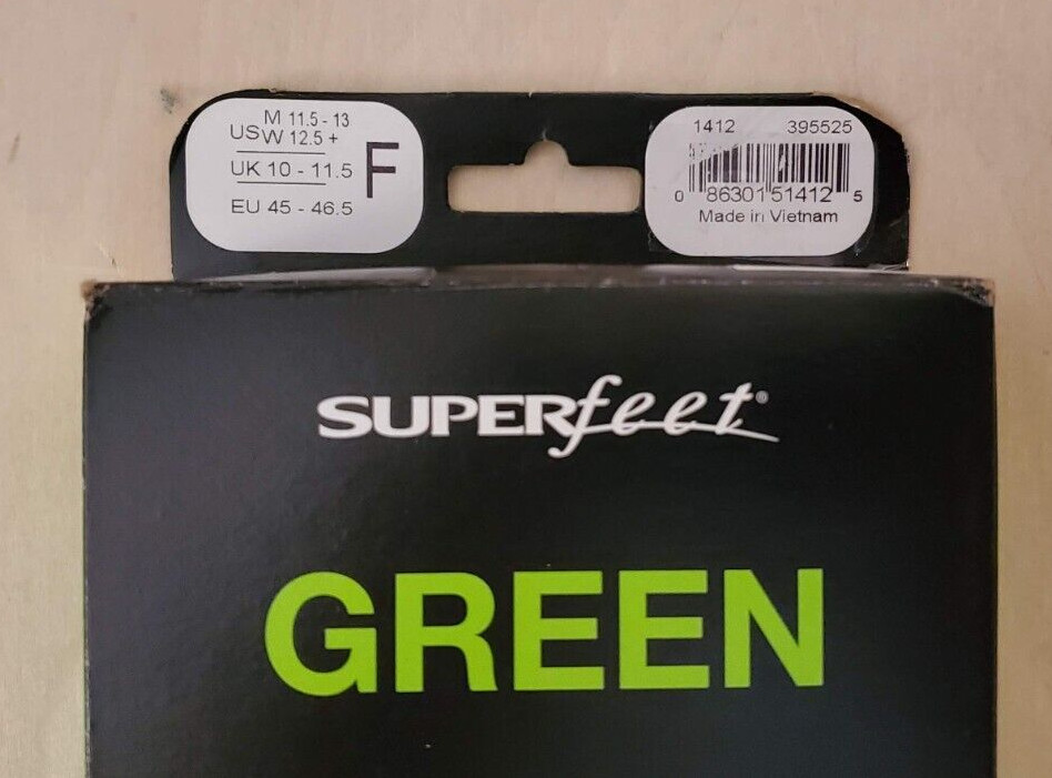 Superfeet Green Insoles Orthotic Arch Support Size F Men's 11-13 Womens 12.5+ US