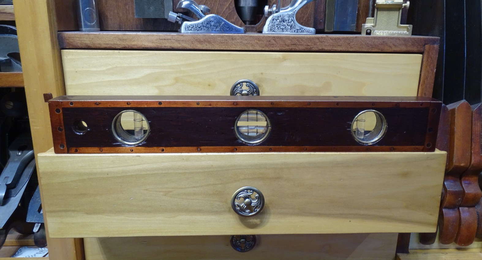 Antique User Made Brass Bound Double Plumb and Level Glass Vial Windows- WOW!!