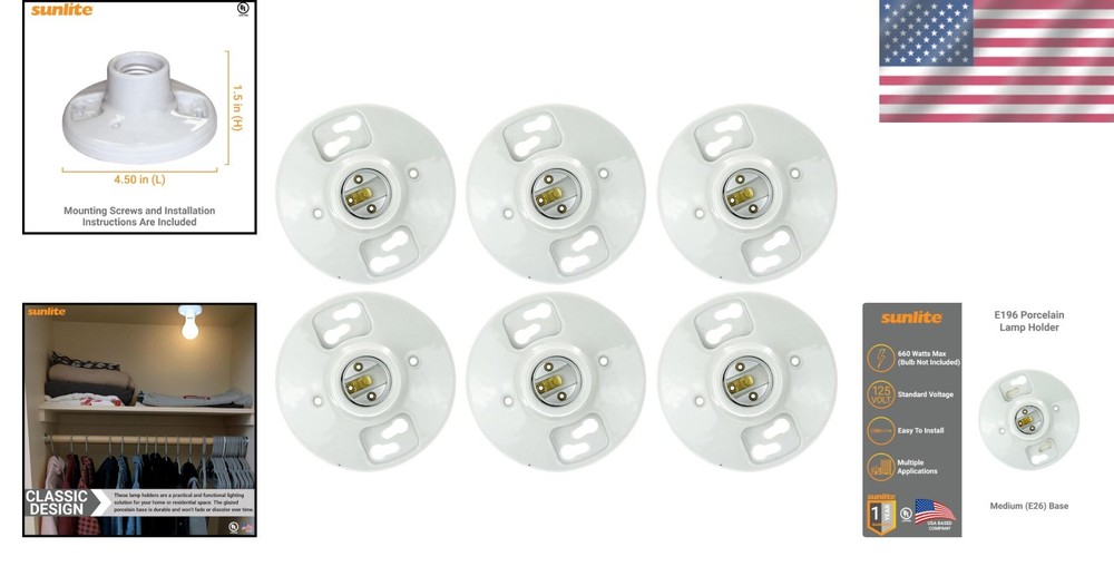 Medium Base E26 Porcelain Lamp Holders for 3.25” & 4” Junction Boxes - 6-Pack