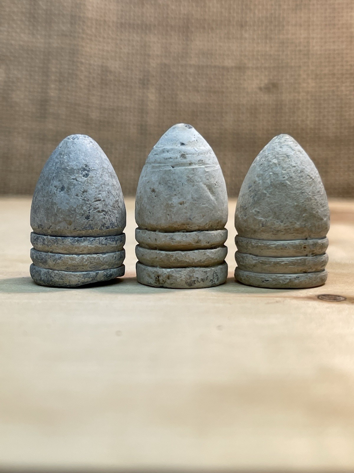 Three Dug Civil War Large Dropped 69 Caliber Bullets One Plug Base