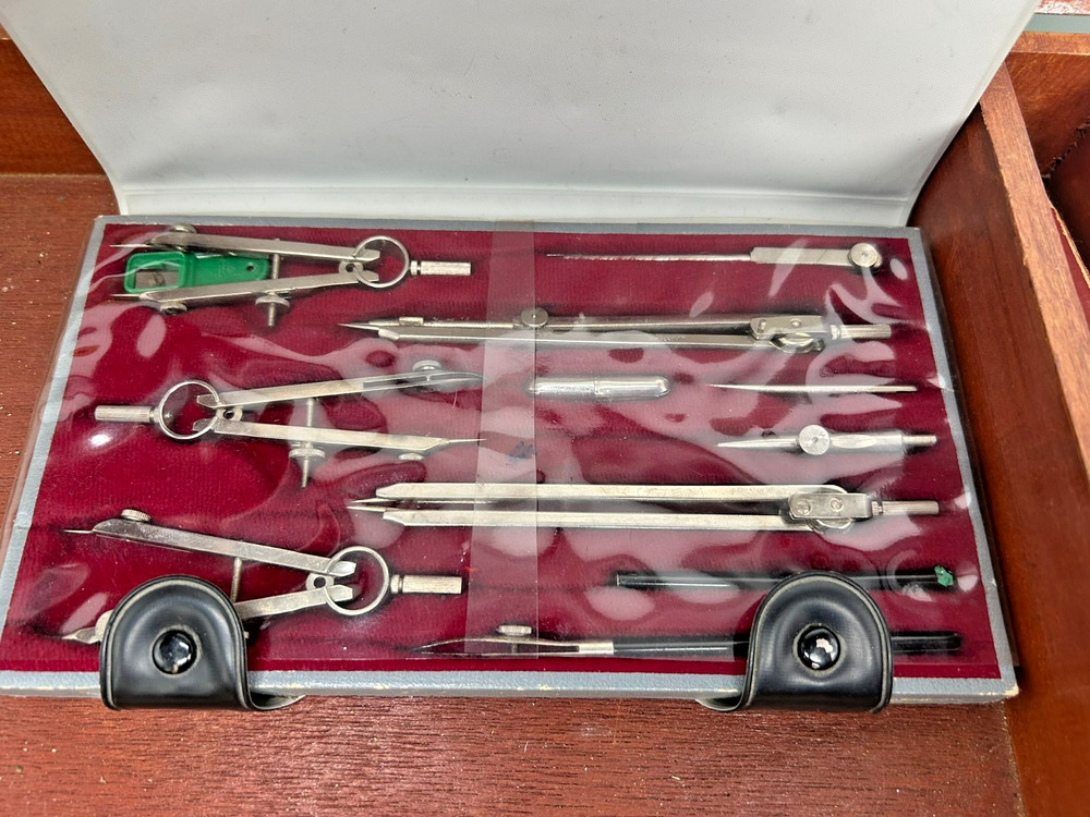 LARGE VINTAGE Tool Lot: Drafting Instruments, Precision Files, Templates & Case