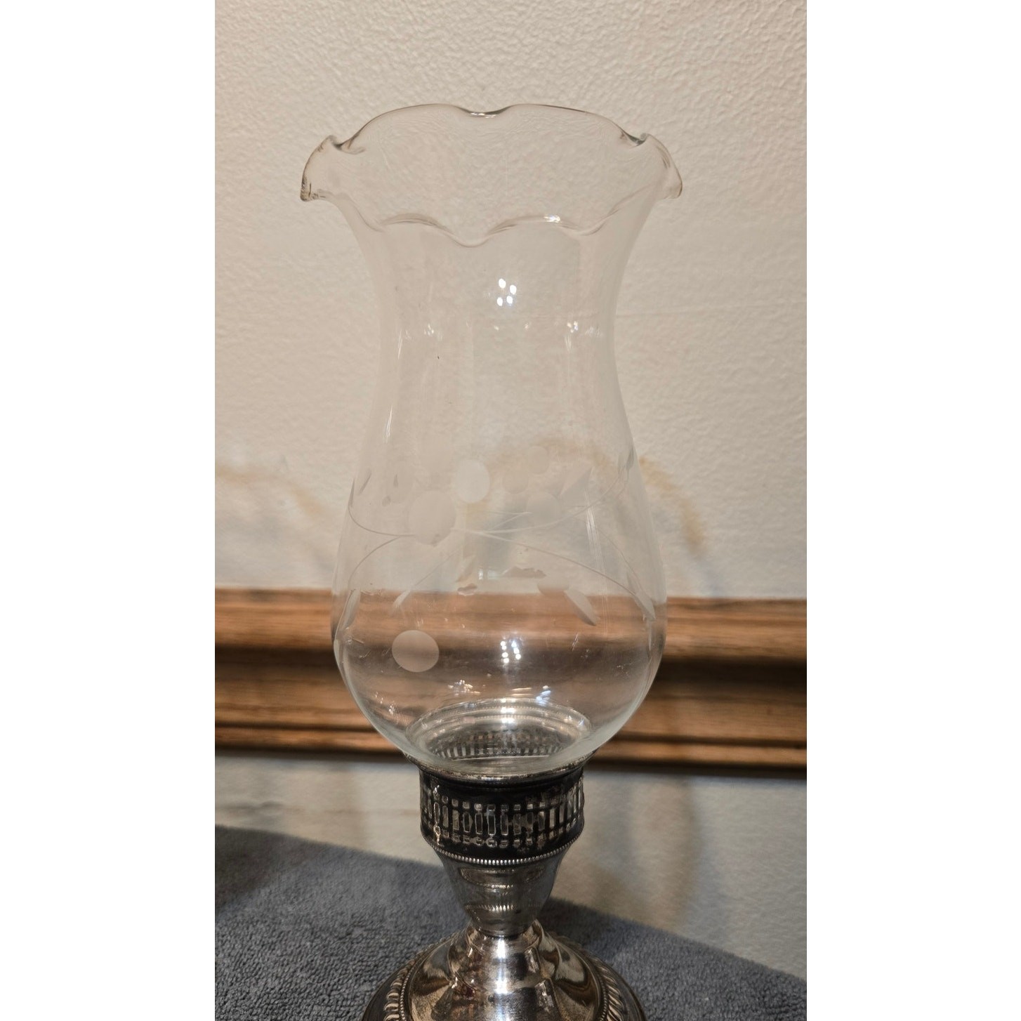 Pr Sterling Silver Hurricane Candleholders w Etched Crimped Shades