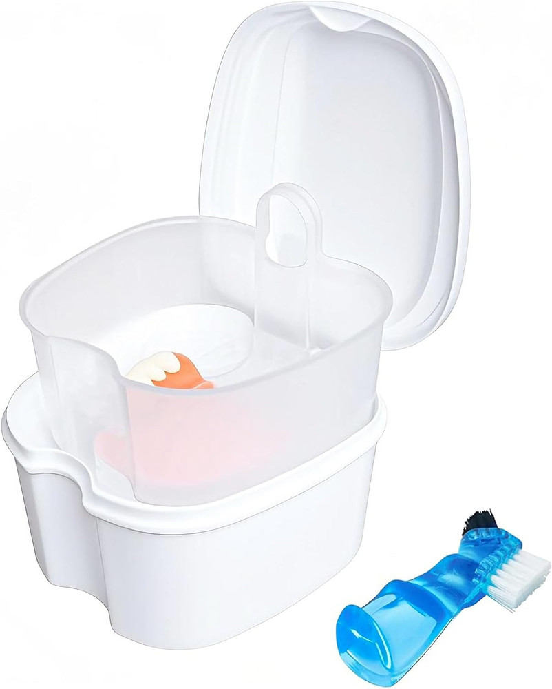 Denture Soaking Box Orthodontic Retainer Bath Case with Strainer Basket, False T