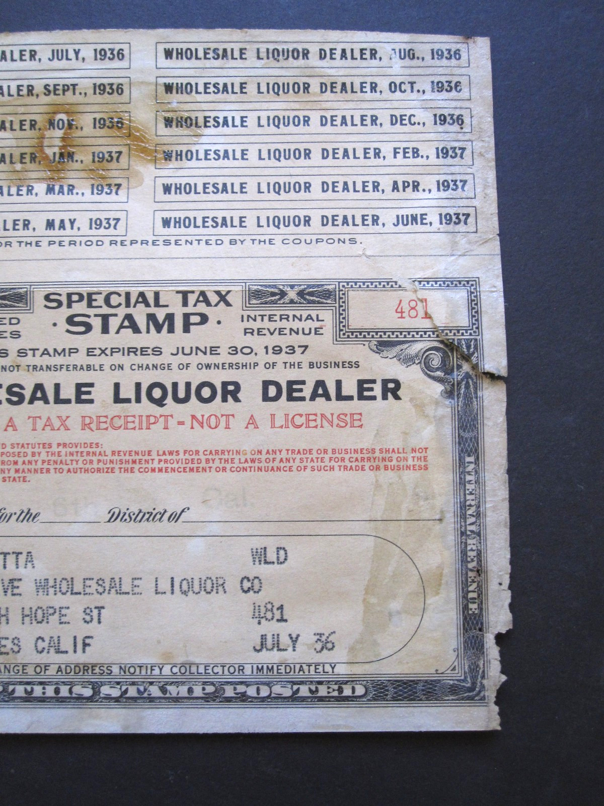 vTg 1937 $100 Wholesale Liquor Dealer Special Tax Stamp CALIF w/ Revenue coupons