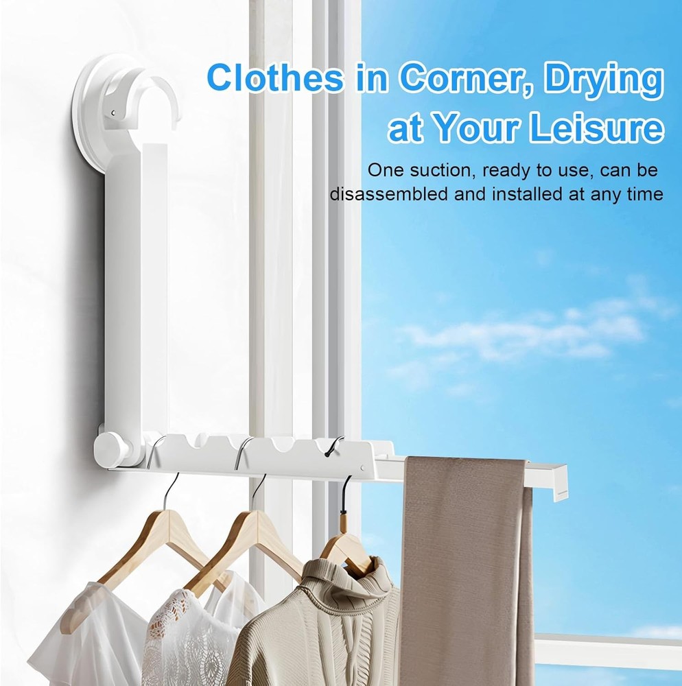 Foldable Clothes Drying Rack with Suction Cup, Wall-Mounted Clothes Drying Rod w