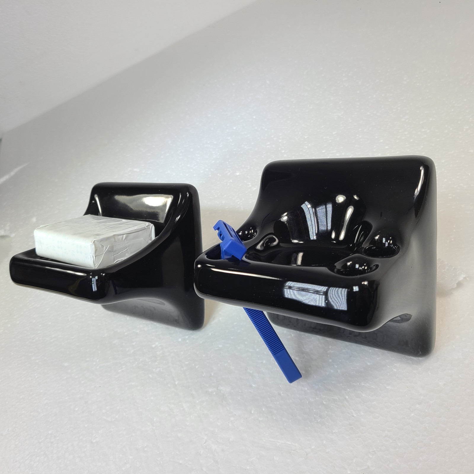 Vintage Black Ceramic Tile Soap Dish Tumbler Cup Tray Toothbrush Holder Set