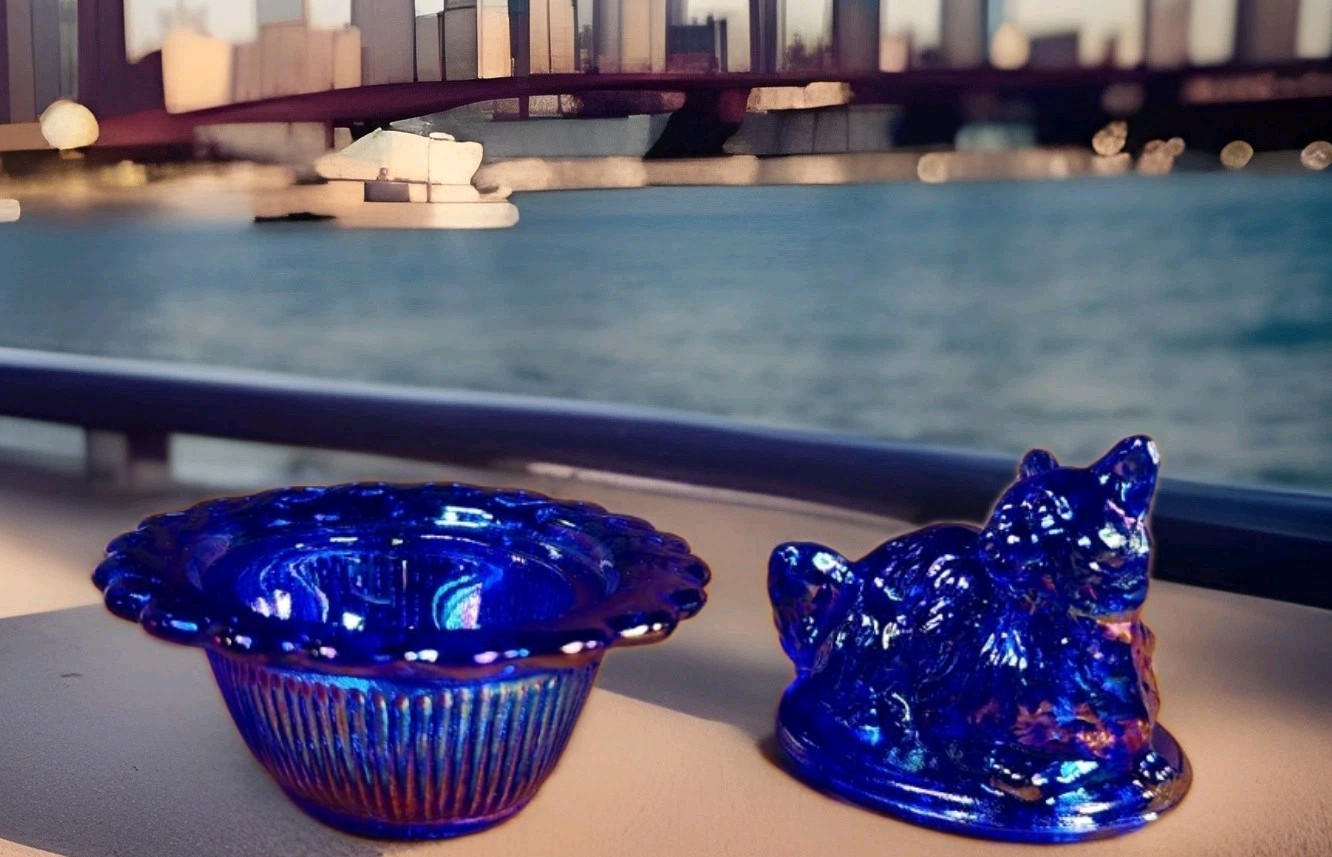 Mini Cat On Basket Cobalt Blue Carnival 2.75" x 2.25" Mosser Glass