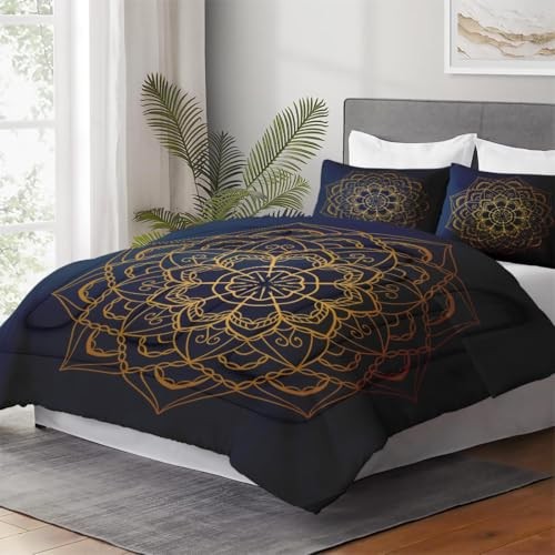 Size Comforter Set with 2 Pillowcases, Navy Blue Boho Gold Queen Multi 24