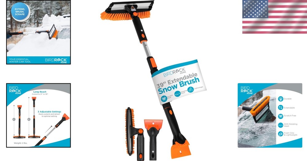 39-Inch Extendable Snow Brush with Squeegee & Ice Scraper - Perfect for SUVs