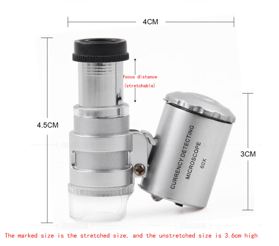 60X LED Mini UV Light Illuminated Pocket Microscope Loupe Magnifier document