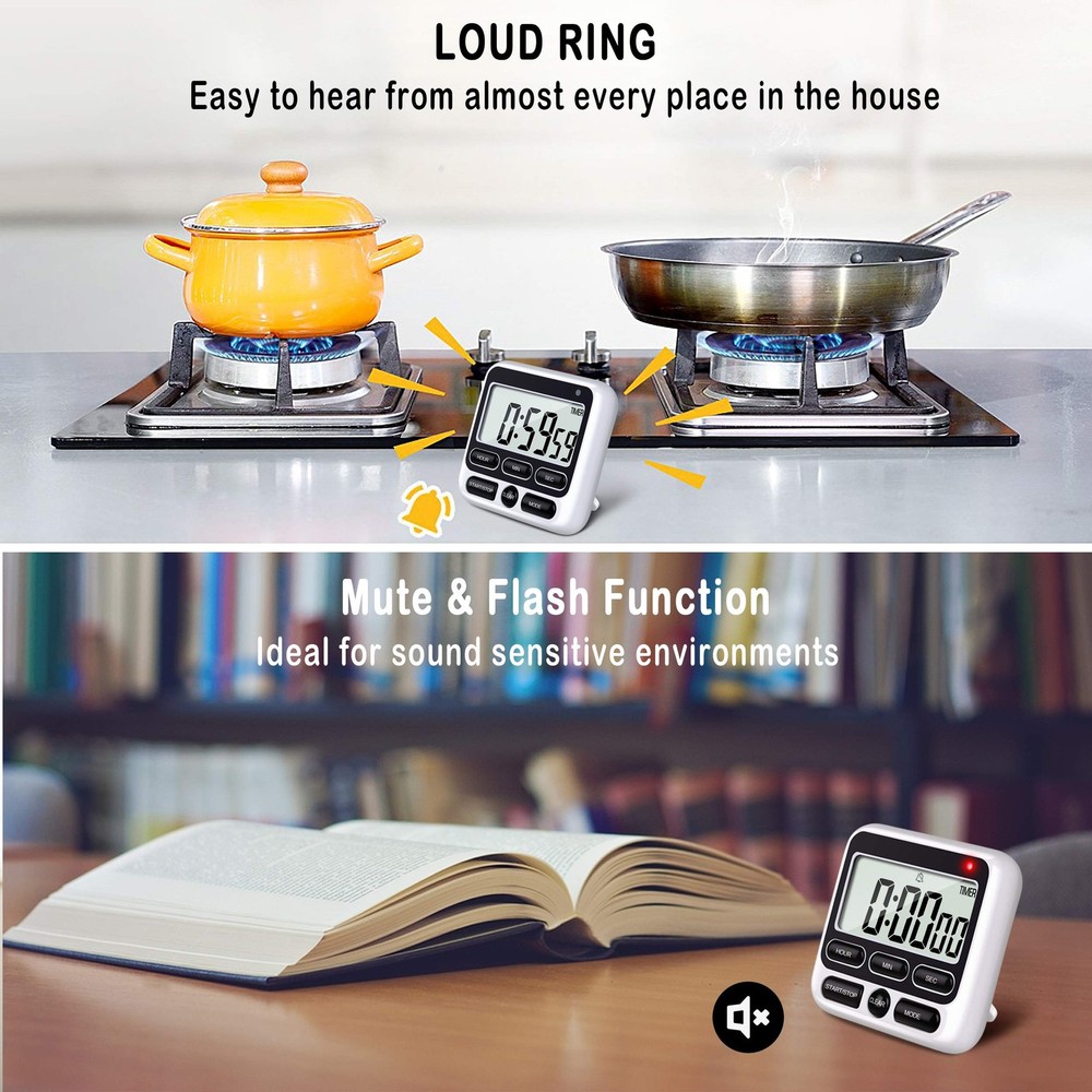 Digital Kitchen Timer with Mute/Loud Alarm Switch ON/Off Switch, 12-Hour Cloc...