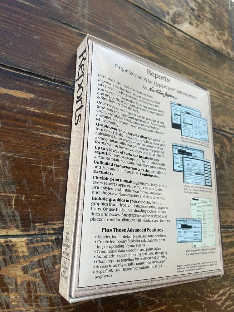 Reports 1.2 HyperCard Report Generator Macintosh Software Boxed