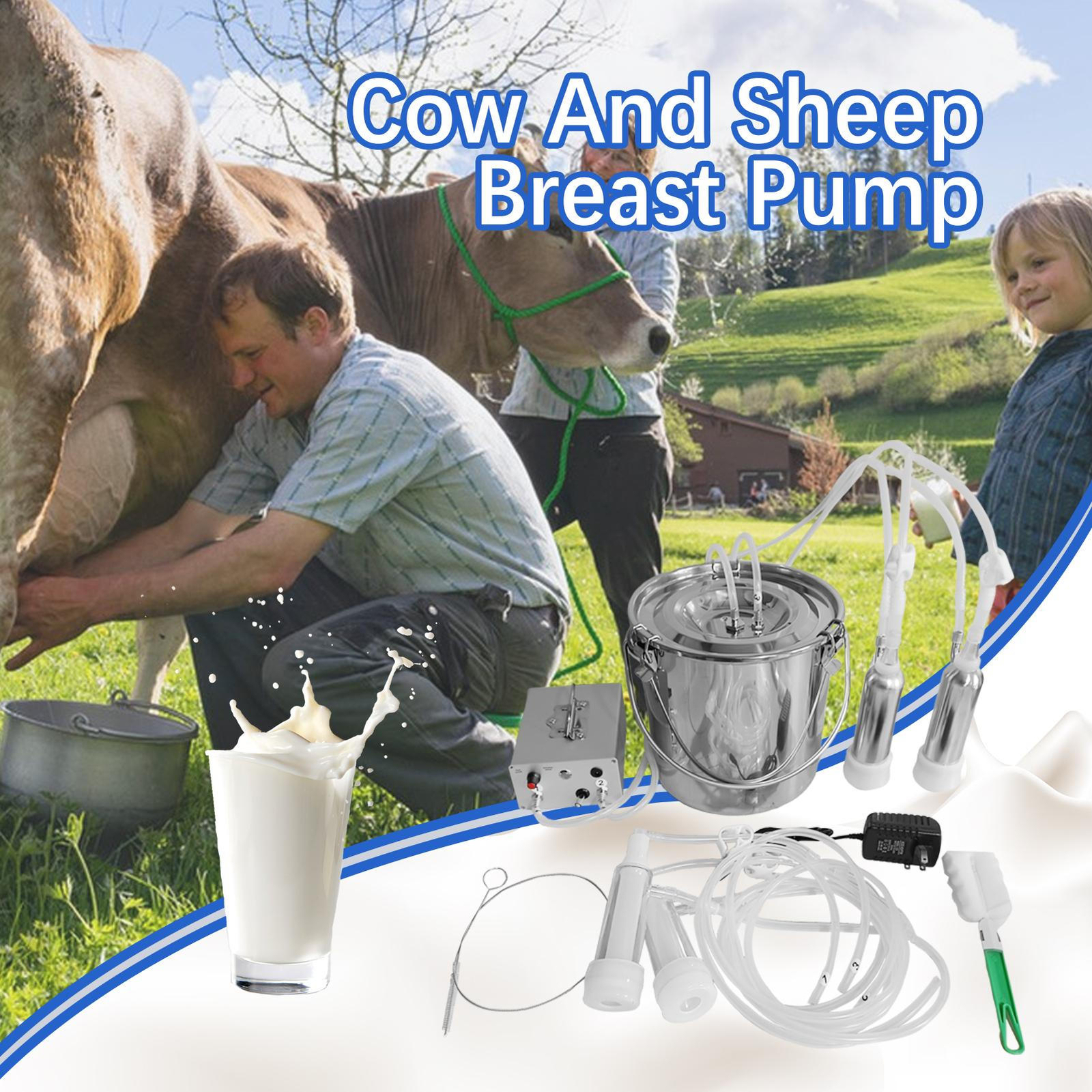 9L DualHead Sheep Goat Cow Milking Machine Vacuum Impulse 304 Steel Pump Milker-