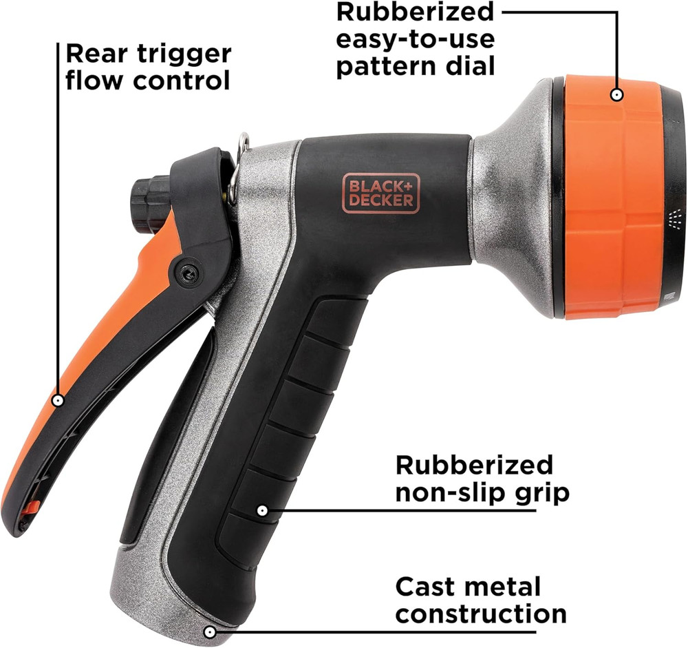 Black + Decker® Dial 7 Pattern Rear Trigger Garden Hose Nozzle – Durable, Versat
