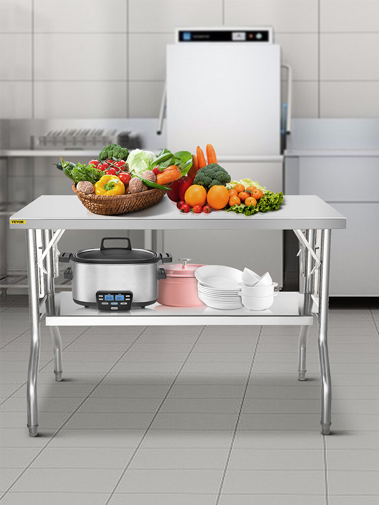 VEVOR Commercial Stainless Steel Folding Work Prep Tables Open Kitchen 48x24 In