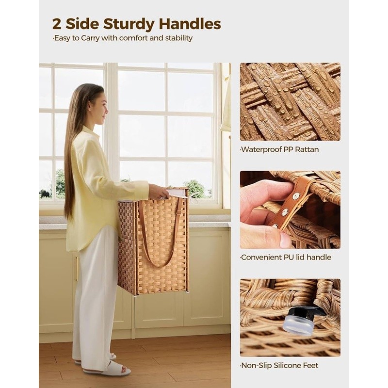Handwoven Laundry Hamper Rolling Baskets W/ Removable Liner Moisture Resistant