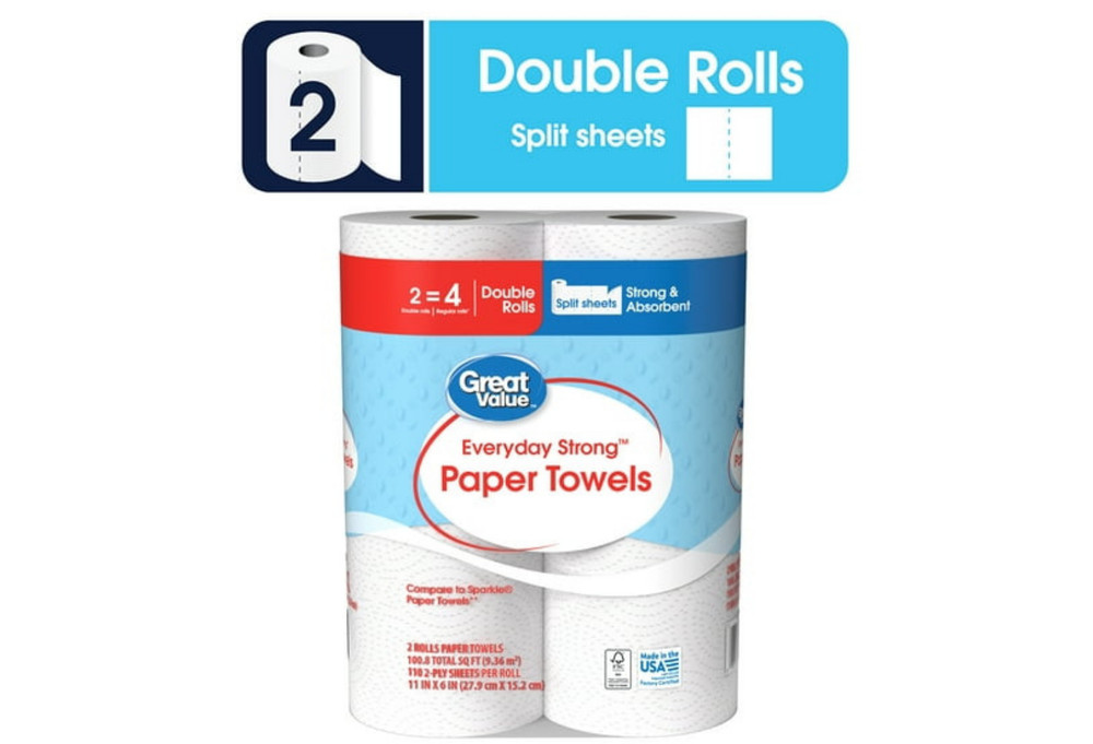 Everyday Strong Paper Towels, Paper, 2 Double Rolls, Split Sheets