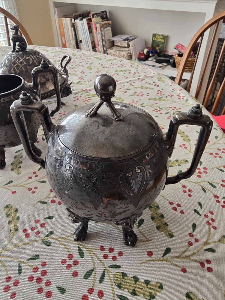 Seven Piece Antique Figural Clawfoot Silver Plate Tea Set