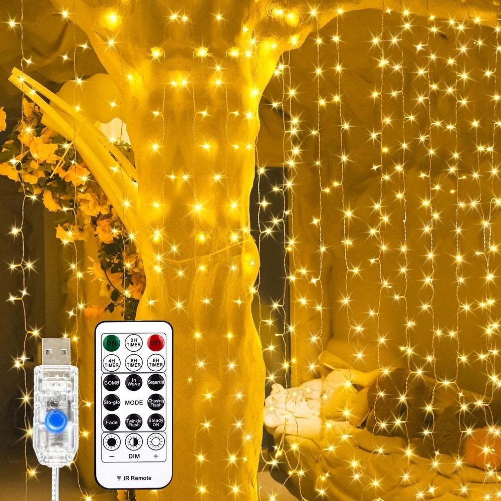 Fairy String Lights 200LED, 6.6x6.6ft Window Curtain Lights, Remote, White