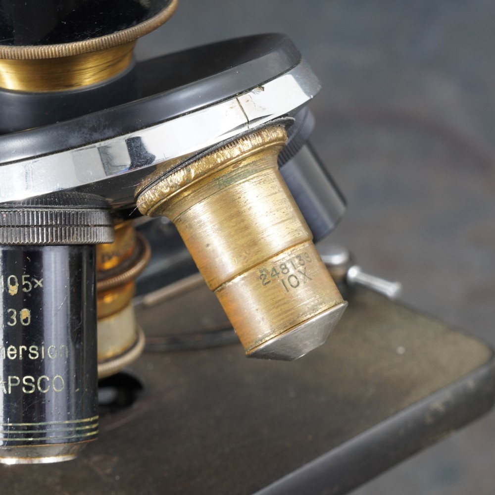 :Antique Spencer Staged Brass Microscope w/ x4 Objectives & Storage Case