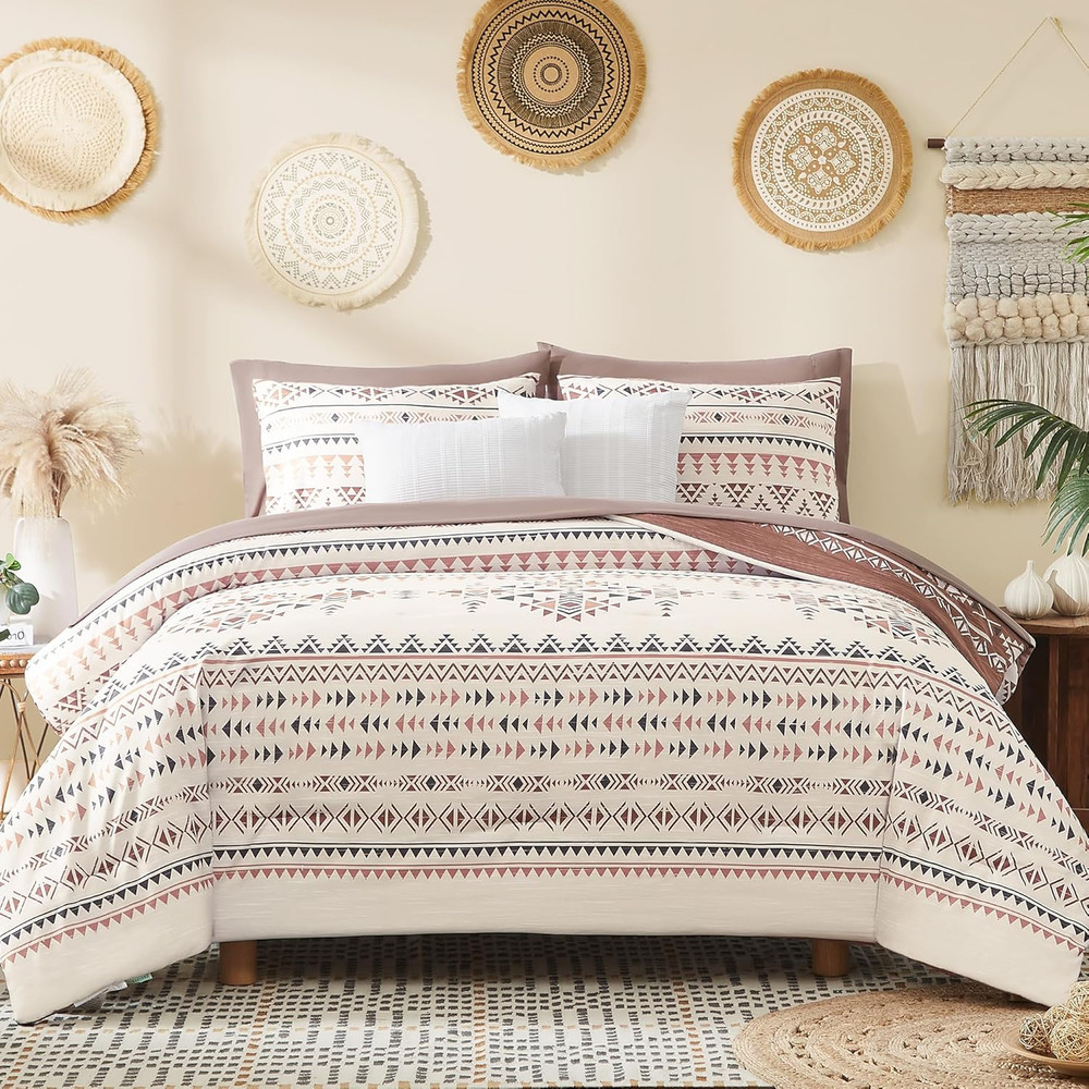 Queen Comforter Set - 7 Pieces Reversible Bedding Set, Boho Bed in a Bag, Lightw