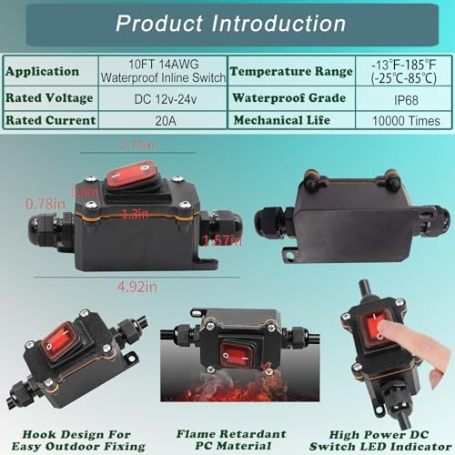 12V Inline Switch IP68 Waterproof, Outdoor On/Off Toggle Switch with 10FT