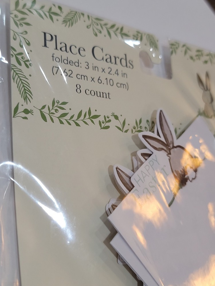 Happy Easter Grey Bunny White Paper Table Place Cards Rectangle Fold 8ct